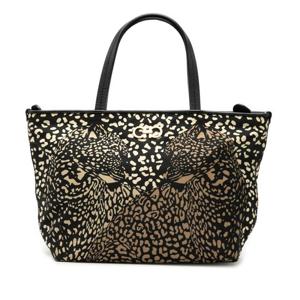 Salvatore Ferragamo Gancini Leopard Tote Bag Handbag Beige Cream Black Leather